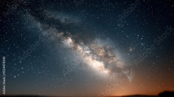 Obraz The vivid Milky Way stretches across a starry sky during dusk, showcasing an enchanting blend of twilight and celestial beauty, inspiring awe and imagination.