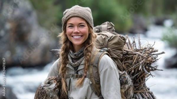 Obraz This cheerful woman sports a nature-friendly look while holding owls, standing against a river backdrop that emphasizes her bond with wildlife and her adventurous spirit.