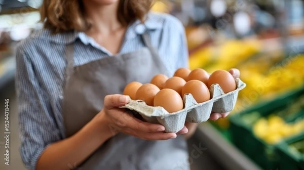 Obraz In a spacious marketplace, a woman presents a carton of fresh eggs, emphasizing the beauty of wholesome food choices and the vibrant atmosphere of local agriculture.
