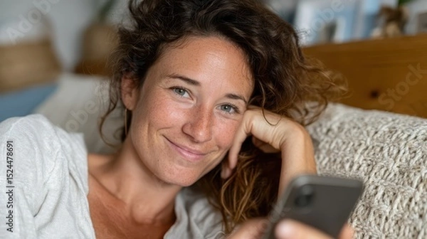 Obraz A joyful woman rests on a cozy couch, smiling as she texts on her smartphone, capturing a moment of happiness and comfort in her modern living space.