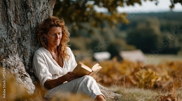 Obraz A woman indulges in a captivating book while seated under a majestic tree, conveying deep thought and connection to nature amidst a scenic backdrop of soft sunlight.
