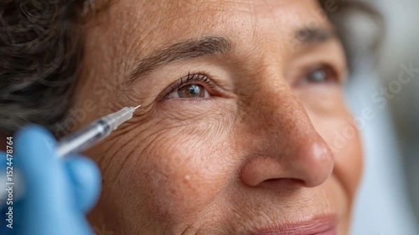 Obraz This close-up image of a woman undergoing a cosmetic injection process highlights her serene expression, reflecting trust and the power of enhancing natural beauty.