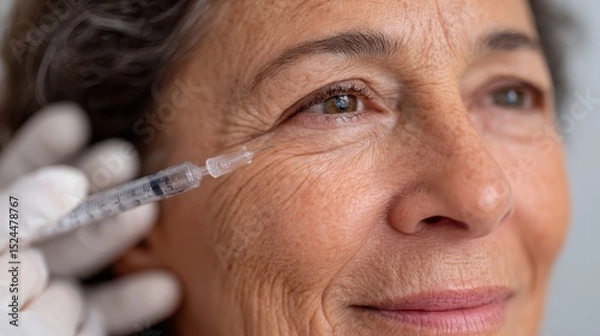 Obraz A woman smiles as she undergoes an aesthetic treatment, emphasizing the importance of self-image and the positive emotions associated with beauty care and rejuvenation.