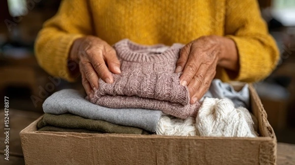 Obraz A pair of hands gently organizes cozy knitted sweaters in a cardboard box, symbolizing the spirit of giving and the warmth of prepared clothing for others in need.