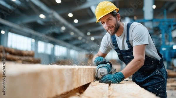 Obraz The expert carpenter is carving numerous textures on a timber plank, illustrating the creative process involved in woodworking and the expertise required for beautiful designs.