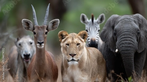 Obraz A striking gathering of different wildlife species, including a lioness, zebra, and elephant, in a vibrant natural environment, showcasing the beauty and diversity of nature.