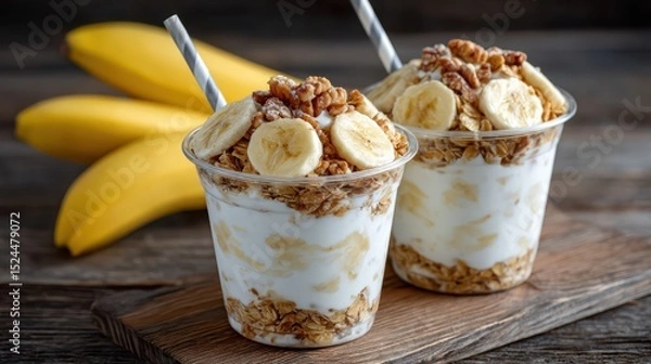 Obraz Two transparent cups of delicious yogurt parfaits layered with granola, fresh bananas, and nuts, an appealing and healthy dessert or snack option.