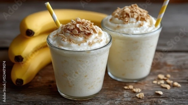 Obraz Two glass cups filled with banana smoothies topped with whipped cream and granola, served with cute striped straws, perfect for a healthy breakfast or snack.