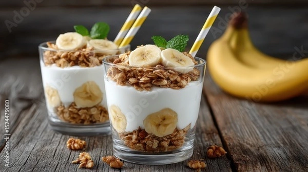 Obraz Two attractive yogurt cups decorated with fresh banana slices, granola, and mint, presenting a delicious and healthy breakfast option perfect for any morning.