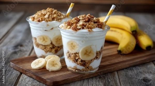 Obraz Two glass jars filled with layers of yogurt, banana slices, and granola offer a visually appealing dessert, highlighting healthy eating and simple ingredients.