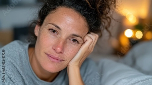 Obraz A captivating portrait of a relaxed woman smiling softly, with her chin propped on her hand, surrounded by a cozy interior setting and warm soft lighting.