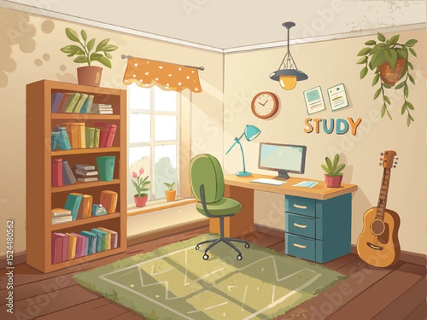 Fototapeta Creative classroom with sunlight glowing on desk full of books guitar and study notes