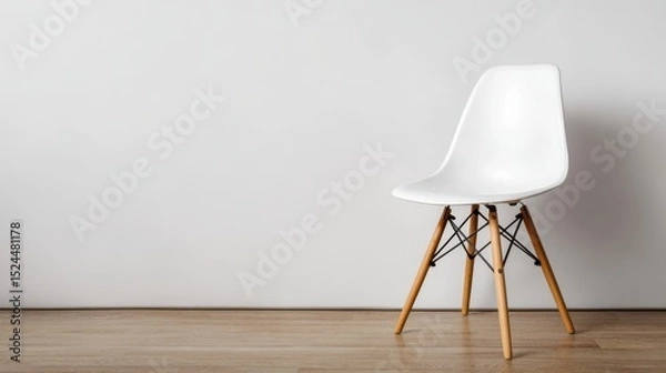 Fototapeta A 4K photo of single modern white chair furniture with wood legs and minimal copy space background.