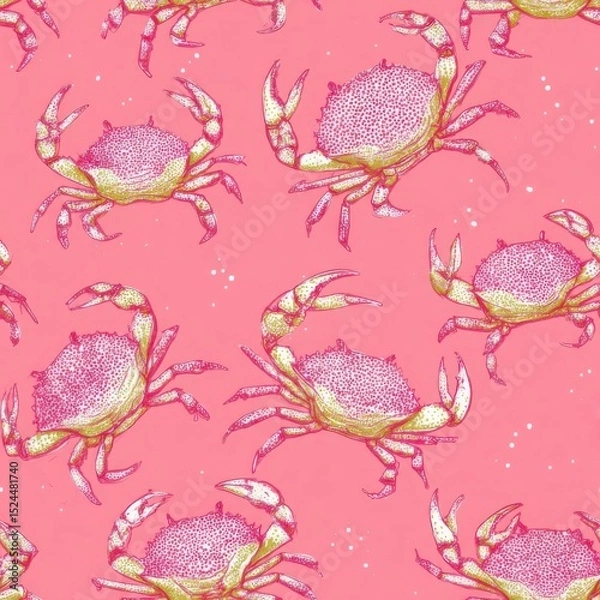 Obraz Colorful Crab Pattern Artwork: Whimsical Marine Life and Seafood Illustration on Pink Background