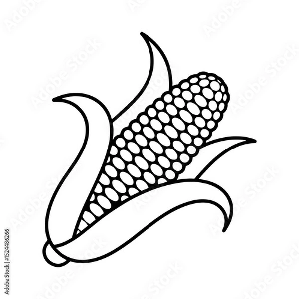 Fototapeta Illustration of an ear of corn with husks in black and white outline vector design style isolated object