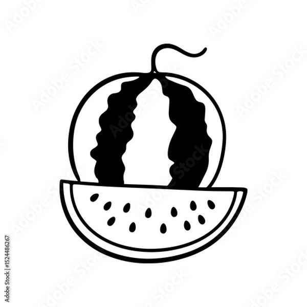 Fototapeta Illustration of a whole watermelon above a slice showing seeds in a simple black and white design