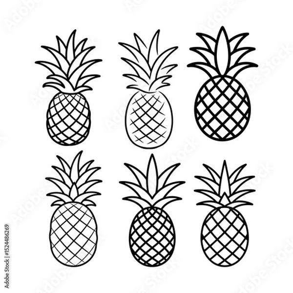 Fototapeta Illustration of six pineapples with different line weights and styles on a white background art