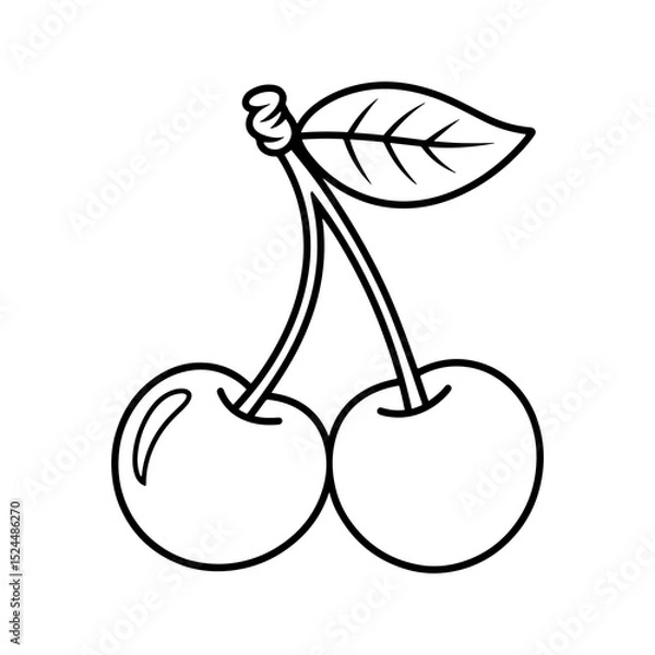 Fototapeta Illustration of two cherries connected by stems with a single leaf in black and white outline style