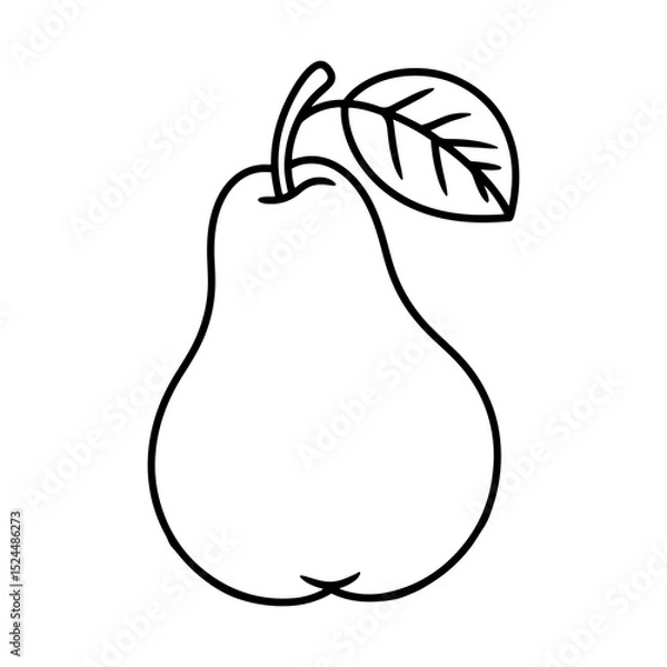 Fototapeta Illustration of a pear with a stem and a leaf in black outline on a white background design art