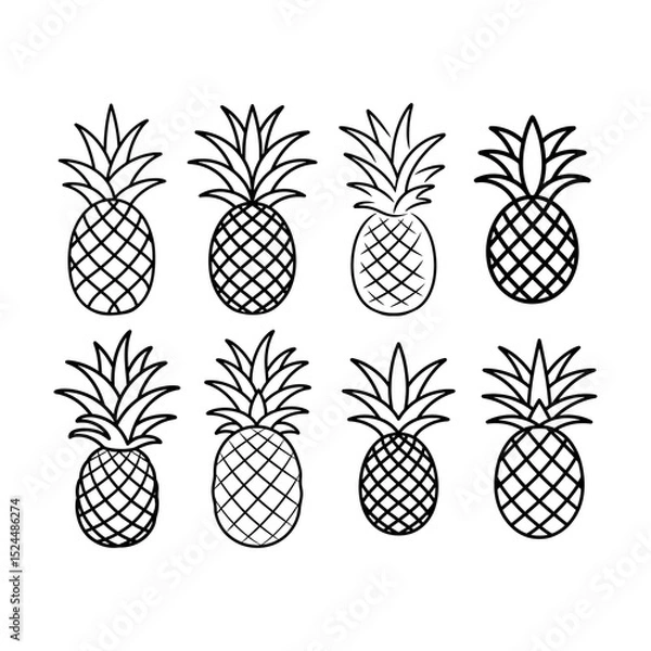 Fototapeta Collection of eight outlined pineapples with crosshatch pattern and leafy crowns in black and white