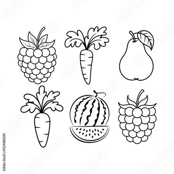 Fototapeta Outlined drawing featuring a raspberry, carrot, pear, watermelon and another raspberry and carrot