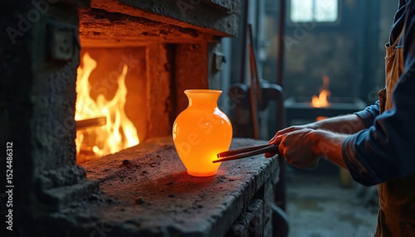 Fototapeta Glass artist shapes glowing orange vase using pontil at fiery furnace inside traditional glassblowing studio. Man creates glass decor with tools. Craftsmanship, handmade item, art. Transparent,