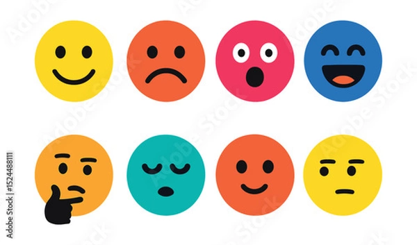 Fototapeta Flat vector icons of expressive faces: smiling face, frowning face, surprised face, laughing face, thoughtful face, sleepy face, blushing face, skeptical face.