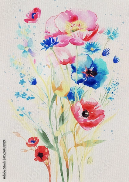 Obraz Vibrant watercolor wildflowers bloom in a fresh summer garden with splashes of pink and blue paint