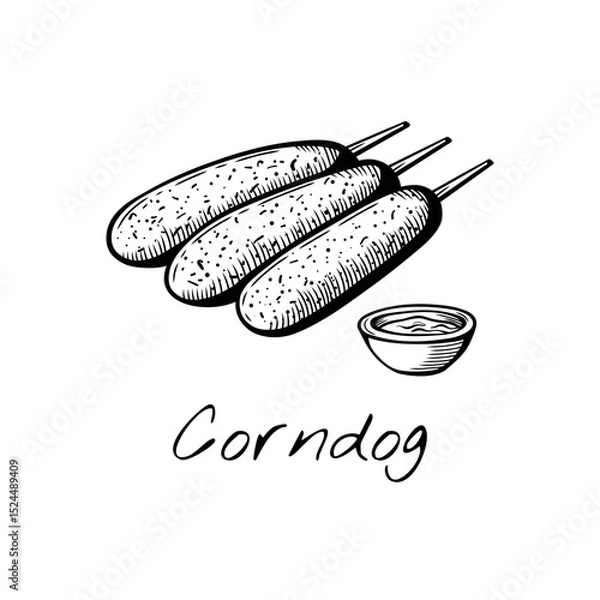 Fototapeta Vector illustration of classic corndogs with dipping sauce. Handdrawn black and white engraving style. Perfect for street food menus and snack-themed designs.