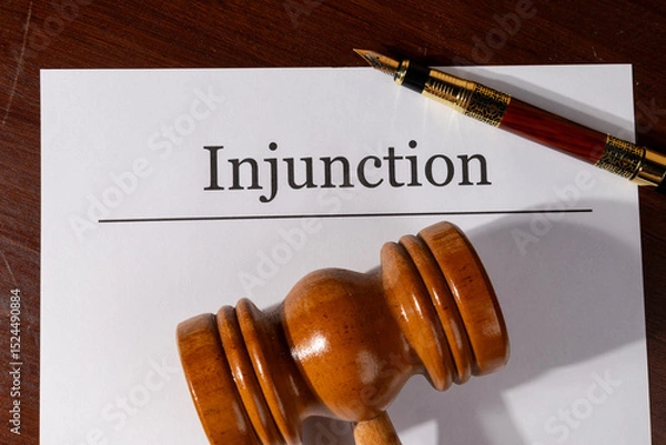 Fototapeta Injunction Order Document Set with Gavel and Pen – Legal Enforcement Concept