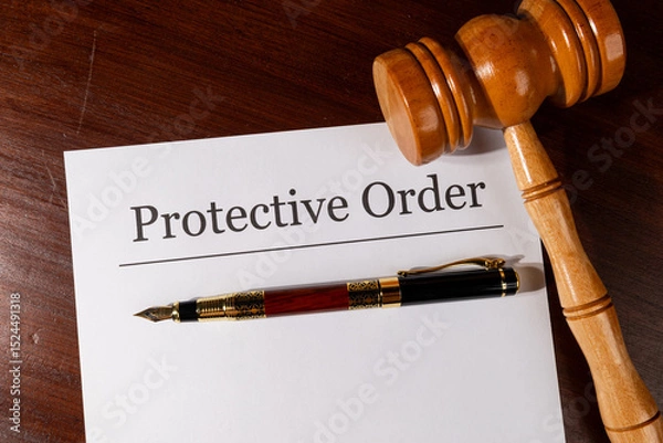 Fototapeta Protective Order Paper Set on Judge’s Desk with Gavel and Pen – Legal Protection Concept