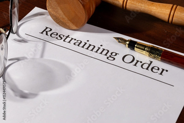Fototapeta Restraining Order Document on the Desk with Gavel and Pen – Legal Protection and Court Order Concept

