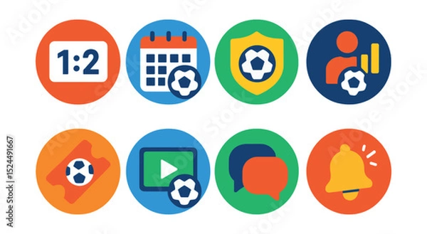 Fototapeta Flat vector icons of mobile sports apps in circular style: live score, match schedule, team icon, player stats, ticket booking, game highlights, fan forum, push goal alert.