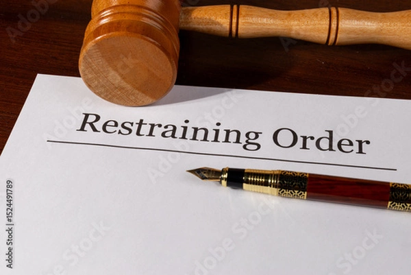 Fototapeta Restraining Order Document on the Desk with Gavel and Pen – Legal Protection and Court Order Concept

