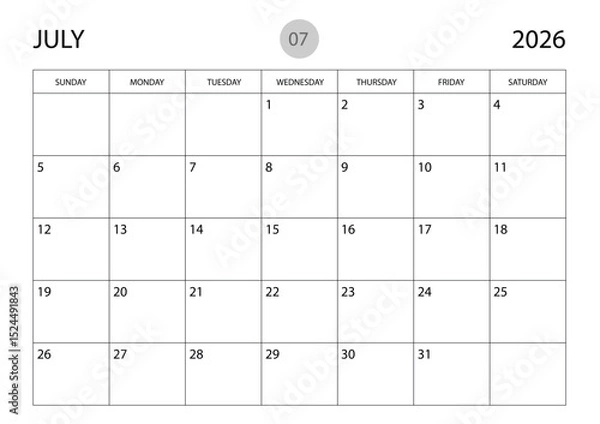 Fototapeta July 2026 year planner template, calendar 2026 template, monthly and yearly planners. organizer diary. week start Sunday, corporate planner template, Desk calendar 2026 year, Vector illustration