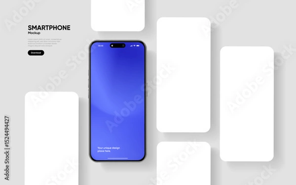 Fototapeta Realistic smartphone mockup. Mobile phone vector with isolated on white background. Device front view. 3D mobile phone with shadow. Realistic, high quality smart phone mockup for ui ux presentation.