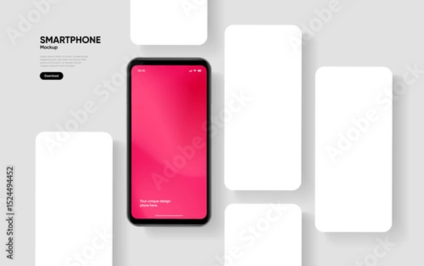 Fototapeta Realistic smartphone mockup. Mobile phone vector with isolated on white background. Device front view. 3D mobile phone with shadow. Realistic, high quality smart phone mockup for ui ux presentation.