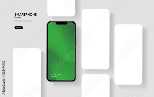 Fototapeta Realistic smartphone mockup. Mobile phone vector with isolated on white background. Device front view. 3D mobile phone with shadow. Realistic, high quality smart phone mockup for ui ux presentation.