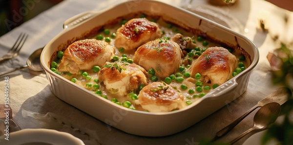Fototapeta Chicken thighs dinner in a casserole dish on a dinner table