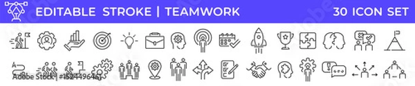 Obraz Teamwork, Team building icon set. Teamwork line icons set. Work group icons collection. Vector illustration