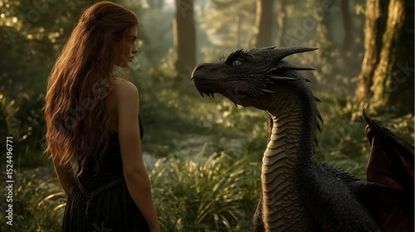 Obraz Woman and Dragon in Forest