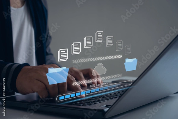 Fototapeta Data transfer file document folder cloud backup archive system for business and AI technology digital storage platform network communication upload server infrastructure. Admin online remote support.