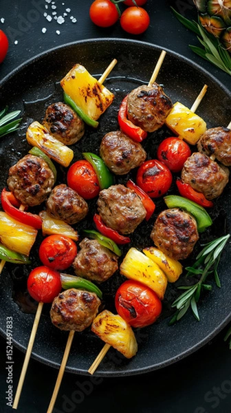 Fototapeta Meatball skewers with pineapple and peppers