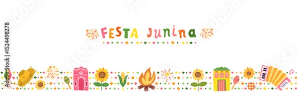 Fototapeta Festa Junina horizontal vector banner - Brazilian festival border, background with text and graphics - sunflower, straw hat, accordion, corn