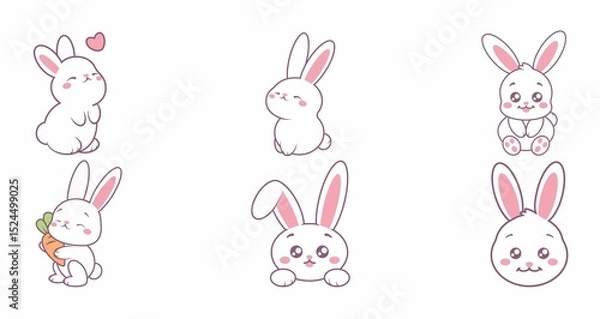 Obraz A collection of cute cartoon bunnies in various poses and expressions.