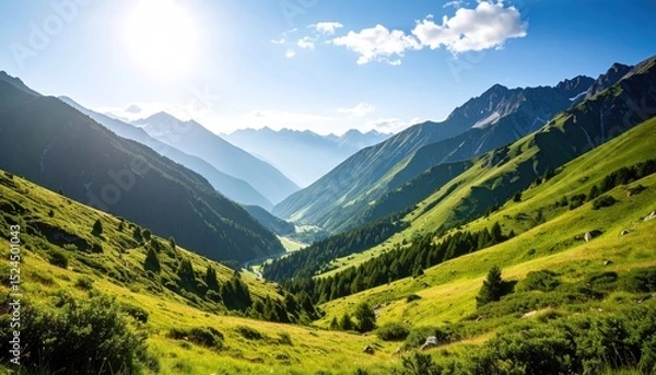 Fototapeta Majestic Alpine Valley: A Breathtaking Panorama of Verdant Slopes and Sunlit Peaks