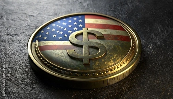 Fototapeta American Dollar Coin with Flag Design on Dark Surface