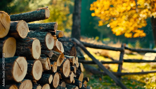 Obraz Logs by a fence in autumn. Wood logs rest by a rustic fence, surrounded by vibrant autumn leaves and soft, filtering sunlight.