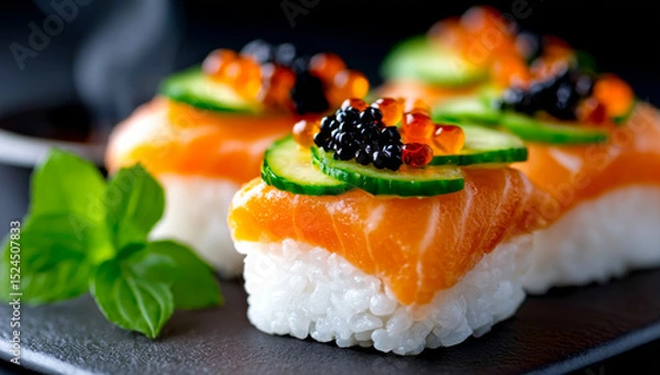Obraz Delicious sushi with salmon and caviar. Colorful sushi showcasing slices of salmon, caviar, and cucumber on rice, served beautifully on a dark plate.