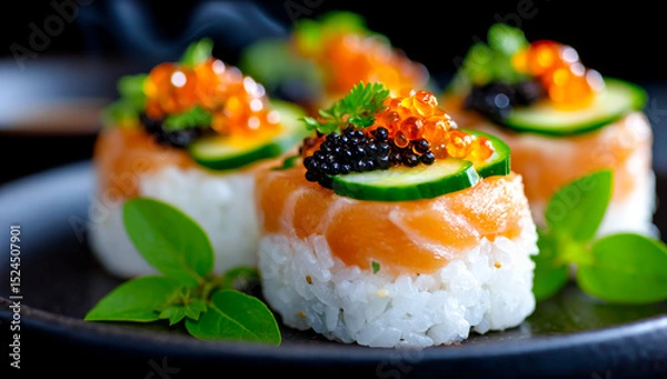 Obraz Salmon caviar sushi rolls. Colorful sushi rolls featuring salmon and caviar garnished with cucumber slices and herbs placed on a dark plate.